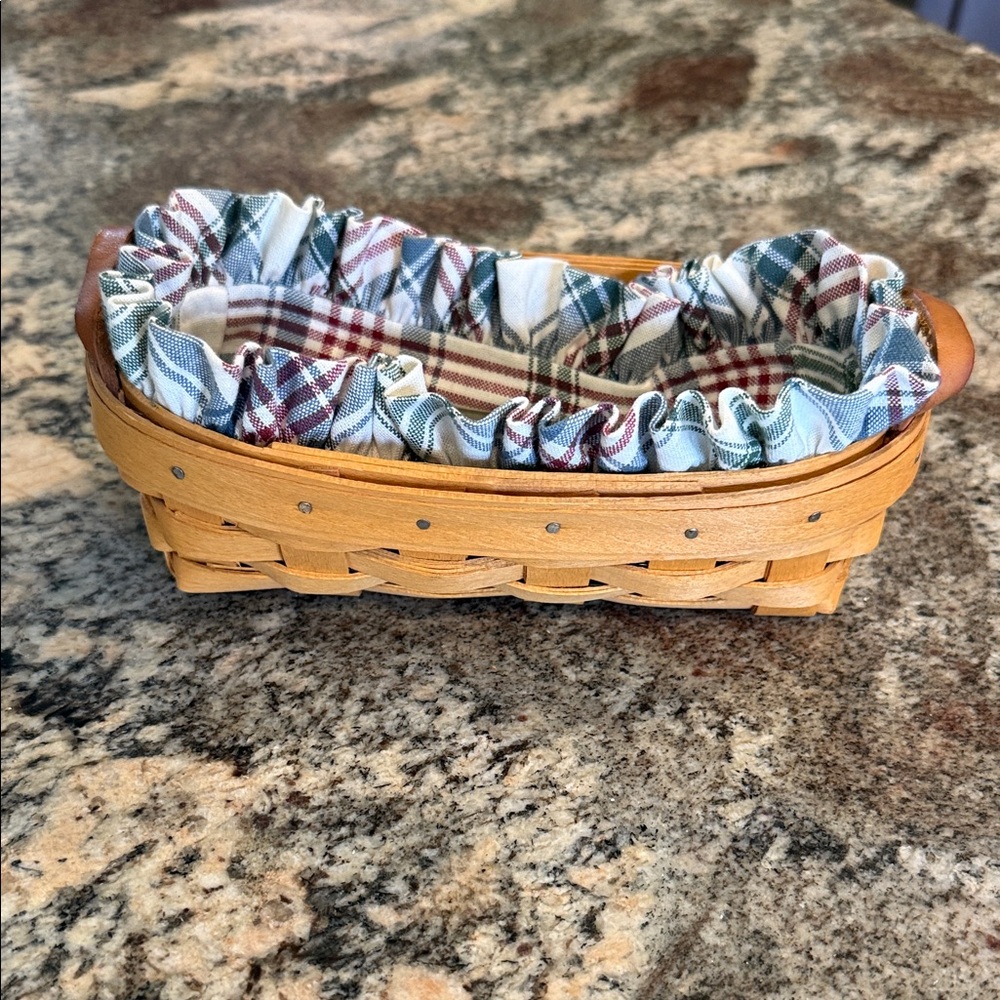 Longaberger Woven Basket with Plaid Fabric Liner - Natural and Blue